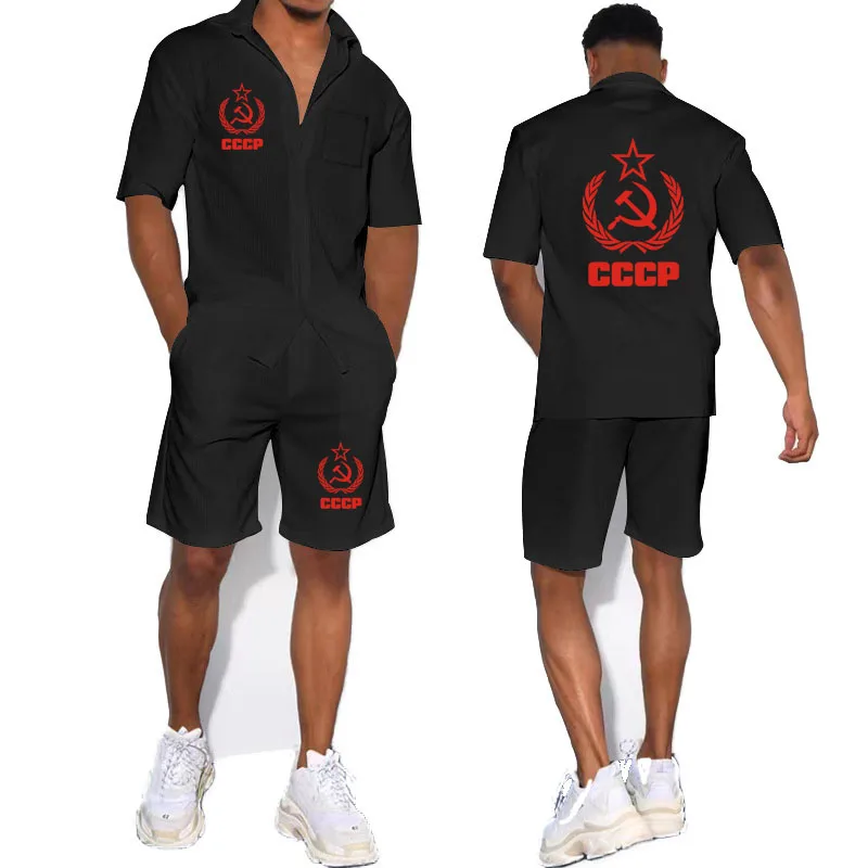 Summer men's Clothing 2 Pieces Sets t-shirt+shorts Mens Casual Tracksuit Men CCCP Print Fitness men's short sleeve T-shirt set