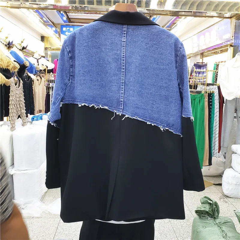 Vintage denim retalhos blazer jaqueta feminina grande bolso manga longa outerwear feminino solto meados de comprimento jeans emenda terno casaco