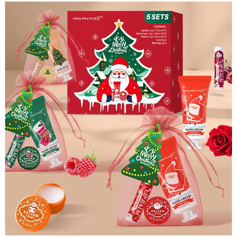 Christmas Gift Set 5sets Hand Cream Lip Balm Solid Perfume Balm Christmas Pouches And Cards Diy Christmas Gift