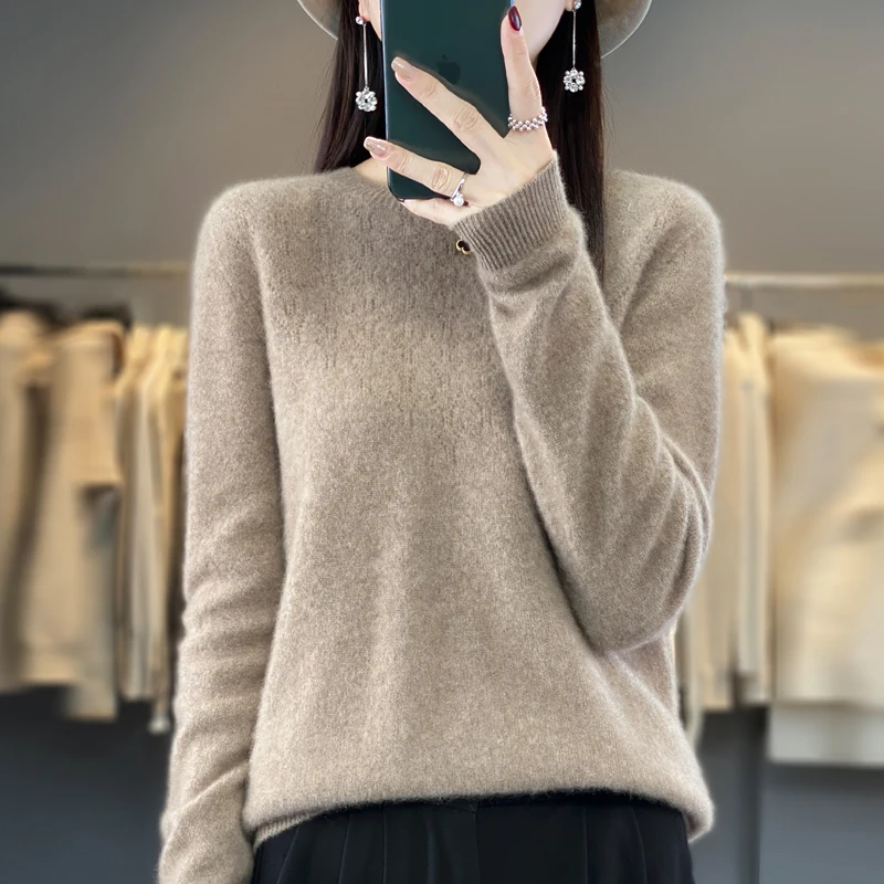 

Pure Wool O-neck Sweater Women Knit Fashion Hollow Out Long Sleeve Tops New Casual Solid Female Pullover Autumn Winter Jumper