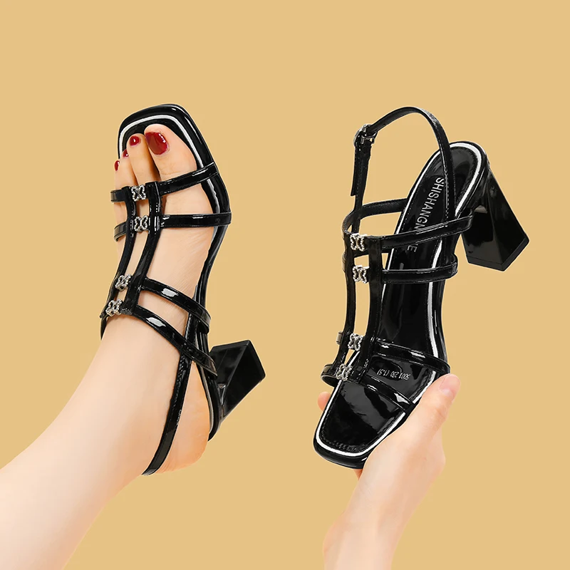 AUTUSPIN Fashion Women Block High Heels Sandals PU Leather Comfort Gladiator Shoes Female Summer Basic Breathable Sandal Woman