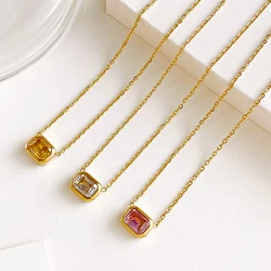 Exquisite PVD 16K Gold Plated Stainless Steel Yellow Pink Cubic Zirconia Square Pendant Necklaces for Women Waterproof Jewelry