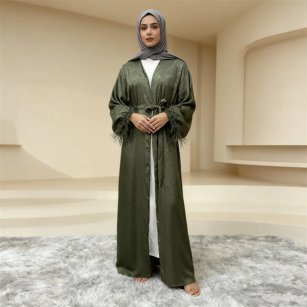 

Мусульманское женское атласное платье с принтом 2029, открытое кимоно с перьями Абая, кардиган, Дубай, Турция, Джалабия, халат Ид, Рамадан, кафтан, платье макси