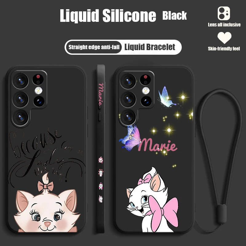 Disney Marie Cat For Samsung S24 S23 S22 S21 S20 Fe S10 Note 20 10 Ultra Lite Plus Liquid Left Rope Phone Case