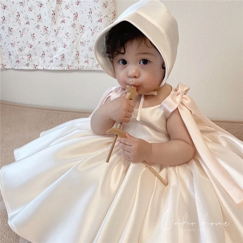 

Puff Dress Princess Skirt Korean Loose Casual White Satin Solid Fashionable Sweet Cute Comfortable Sleeveless Grils Children