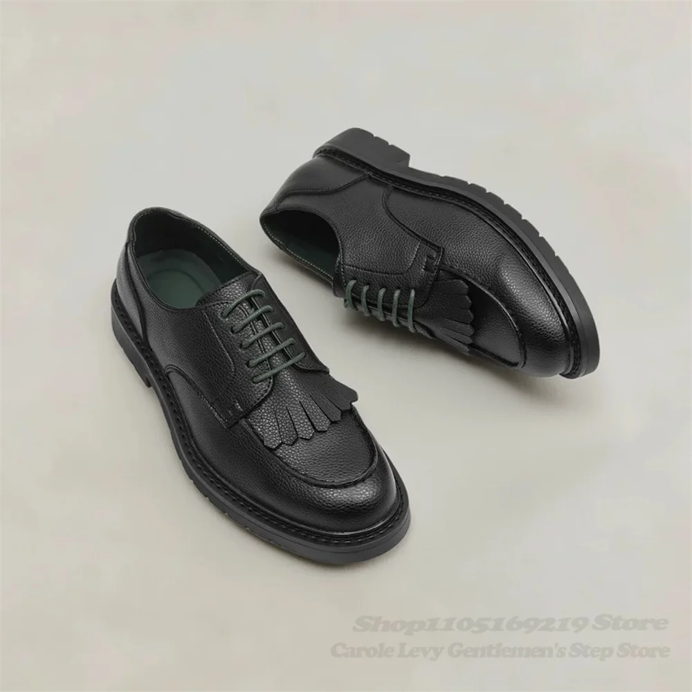 2026 Autumn Round Head Tassel Derby Shoes Men Mixed Height Increasing Casual Style Leather Shoes Retro Low Top Outdoor Shoes