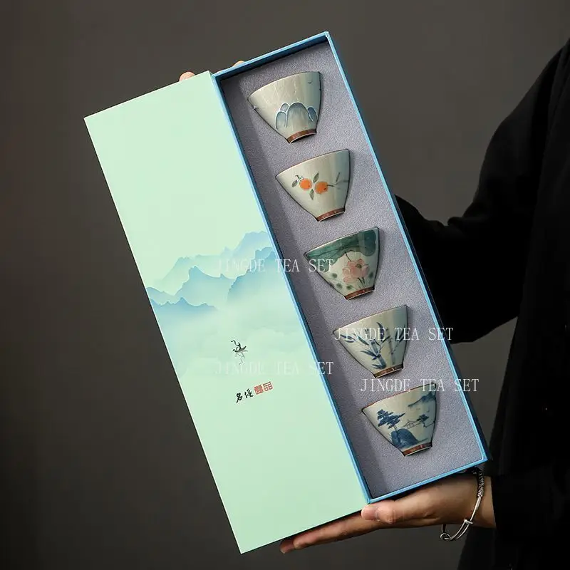 5pcs Chinese Celadon Tea Cup Set with Underglaze Color Floral and Landscape Designs Kung Fu Tea Gift Box Drinkware Teaware