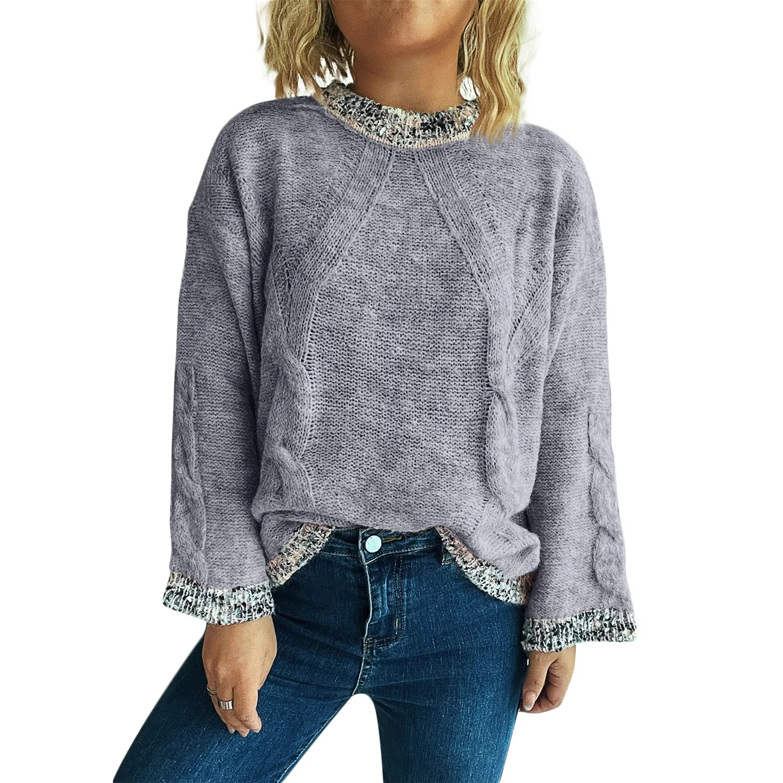Women'S Spliced Round Neck Knitted Top Casual Commuting Loose Sweater Ropa De Mujer Sweater De Mujer Pull Femme свитера женские