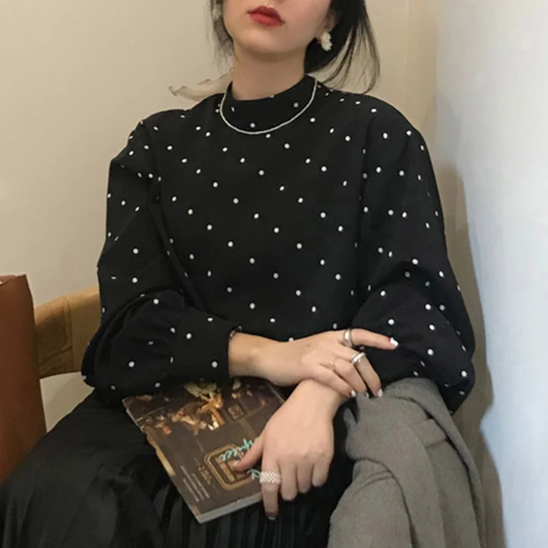 

Blusas Mujer Harajuku 2024 Shirts For Women Vintage Black White Polka Dot Half High Neck Loose Bubble Sleeve Tshirt