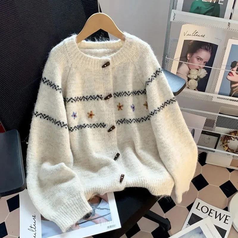 

Floral Embroidery Cardigan Women Sweet Long Sleeve O Neck Vintage Knitted Sweaters Korean Loose Casual Fall New Female Cute Tops