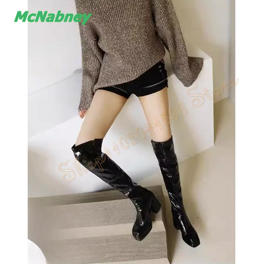 Thick Soled Flat Toe Over The Knee Boots,Zippered Chunky Heel Over The Knee Boots Retro Plus Size 2023 New Zapatos Para Mujere