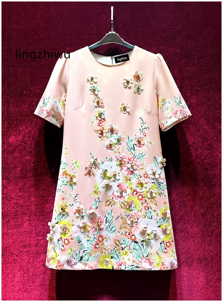 

lingzhiwu Print Dress French Vintage Handmade Three-Dimensional Flower Short Sleeve Dresses Elegant Designer Vestidos New Arrive