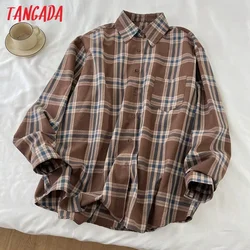 Tangada 2024 Frauen Plaid übergroßes Hemd Langarm Femae lose Bluse Tops xlj102