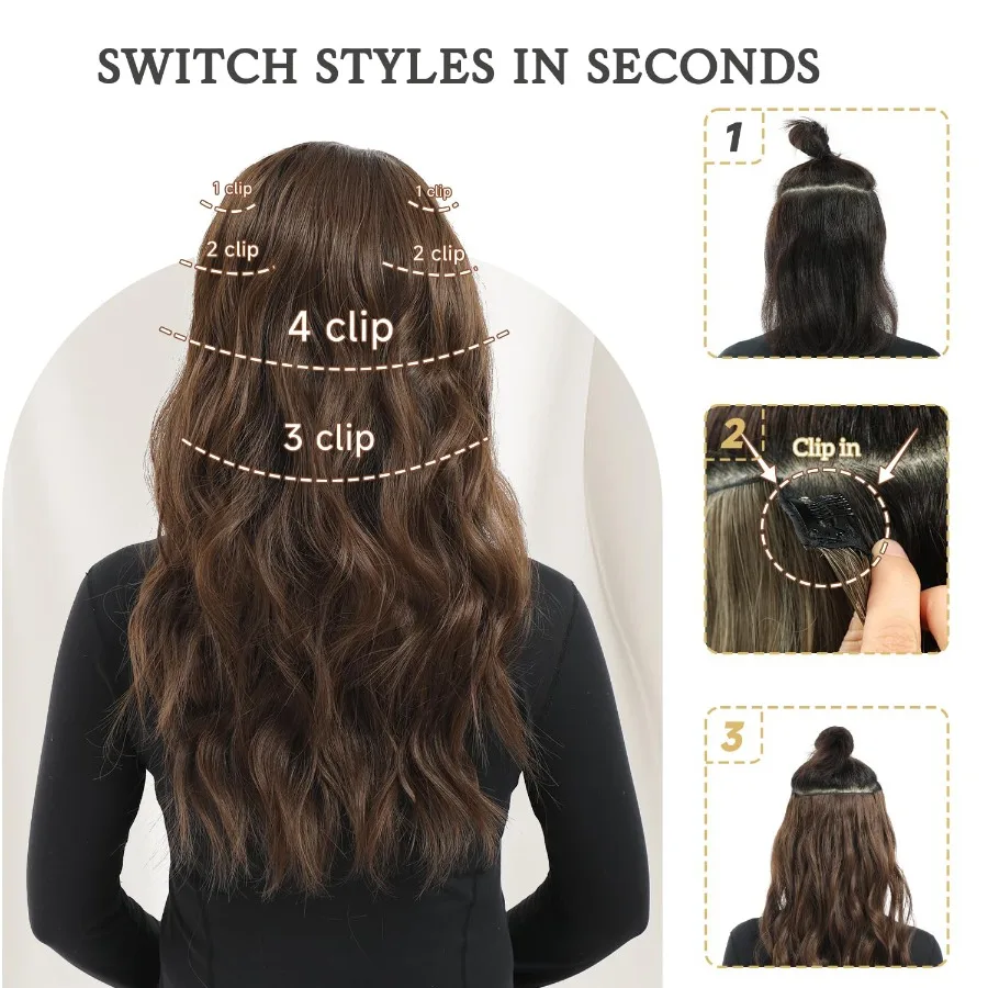 وصلات شعر كليبين للنساء كستنائي بني طويل متموج وصلات شعر 6 قطعة 16 بوصة شعر صناعي ناعم وطبيعي سميك Pi #6
