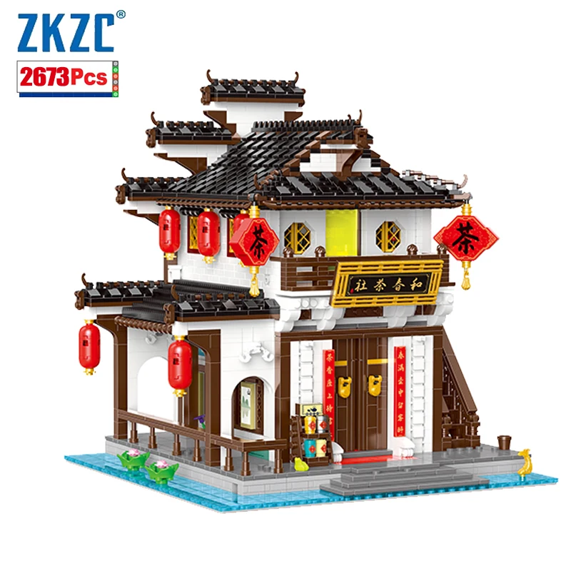 City Streetscape Zhonghua Street Jiangnan Water Town Series MOC Hechun Tea Society Villa Brick Children Puzzle Toy Gift