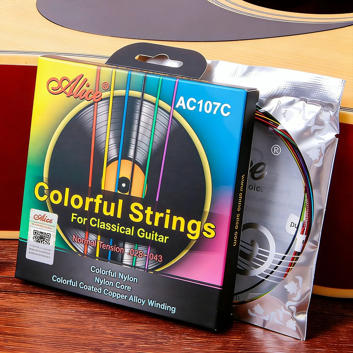 Alice AC107C-N Normal Tension Classical Guitar Strings - Colorful Nylon Treble & Colorful Coated Copper Bass, Standard Tension