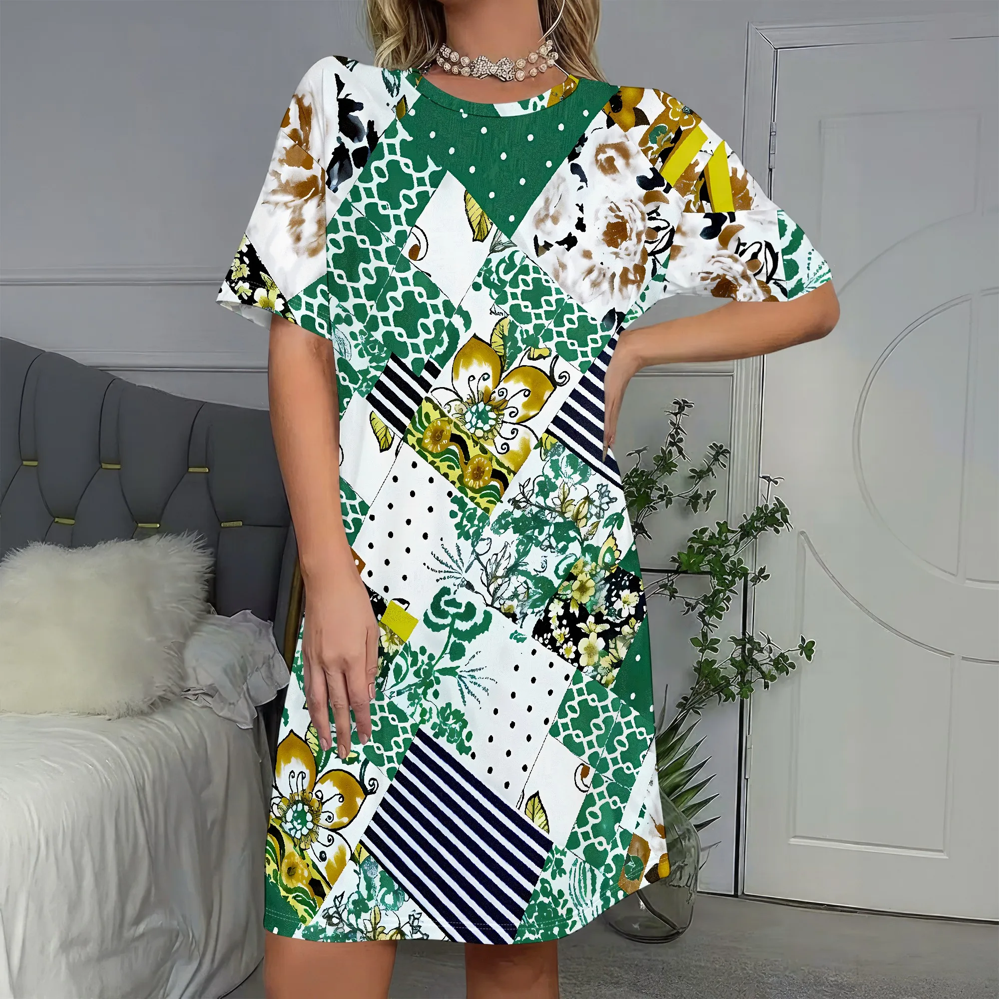 

Patchwork Print,Short Sleeve Dress,Green Floral Pattern,Striped Accents,Casual Summer Wear,Women's Fashion,S-2XL