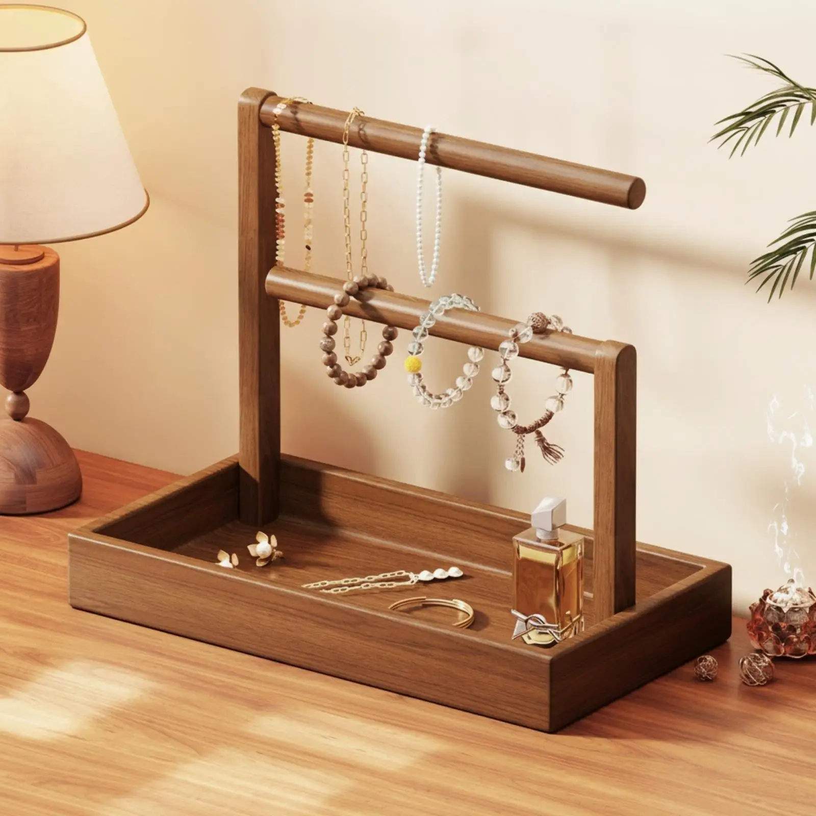 Jewelry Organizer Wooden Stand Jewelry Stand with Tray Desktop Bracelet Display