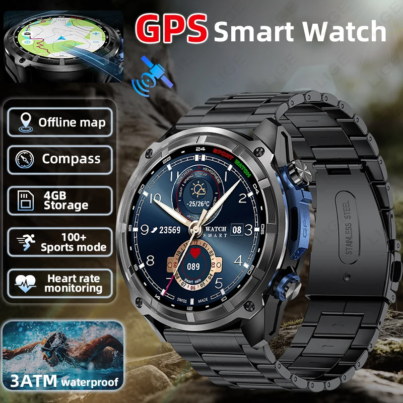 

NEW Military GPS Map Smart Watch with 4GB Memory Video Player 860mAh Sports Built-in GPS Smartwatch Men Waterproof Compass Watch