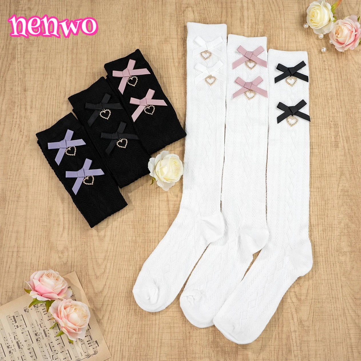 

Japanese Sweet Cute Kawaii Bow Heart Pendant Slimming Socks Harajuku Trendy Stretchy Non-Slip JK Girl Uniform Cosplay Daily
