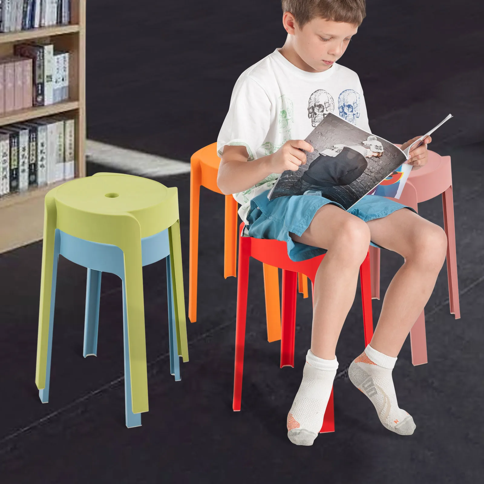 

5Pcs Multi-Color Plastic Stackable Stools 18" Tall Flexible School Seating Portable Backless Stacking Chairs Bar Stools Nesting