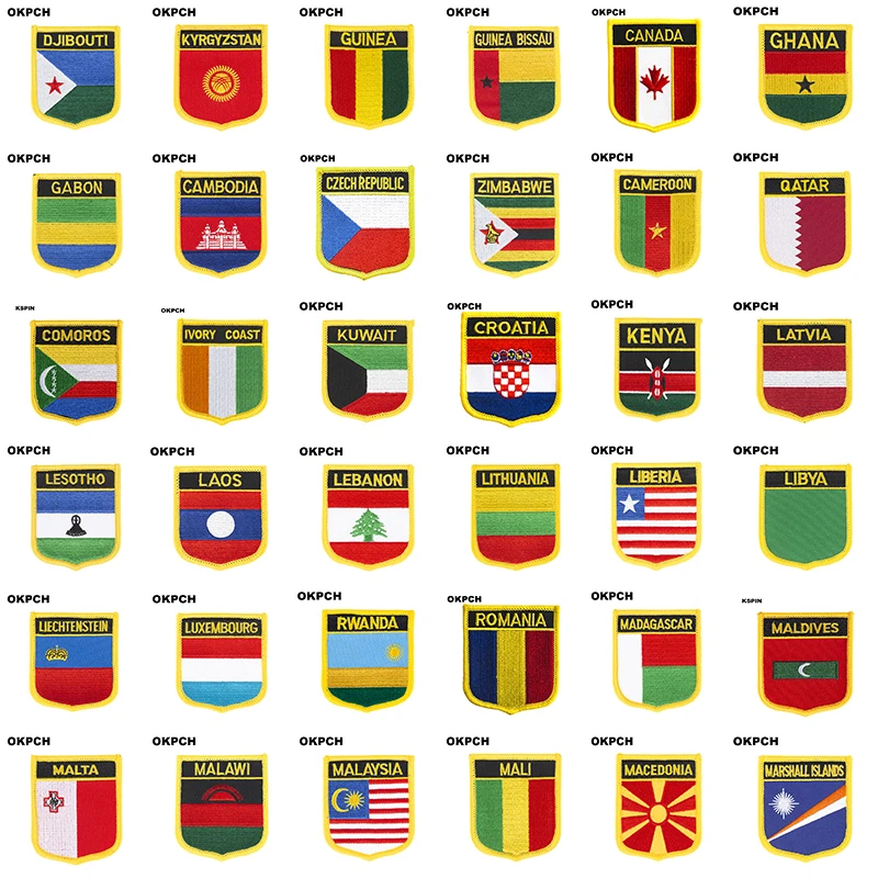 Djibouti Kyrgyzstan Guinea Canada Ghana Cambodia Czech Rep. Cameroon Kenya Latvia Flag Shield Shape Iron on Embroidery Patches