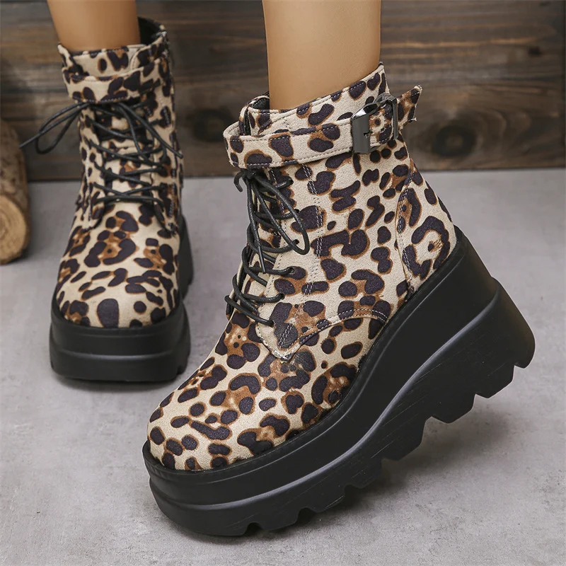 

Women Fashion Lace Up Women Boots Winter Round Toe Leopard Print Short Barrel Chunky Heels Zipper Plus Size Boots