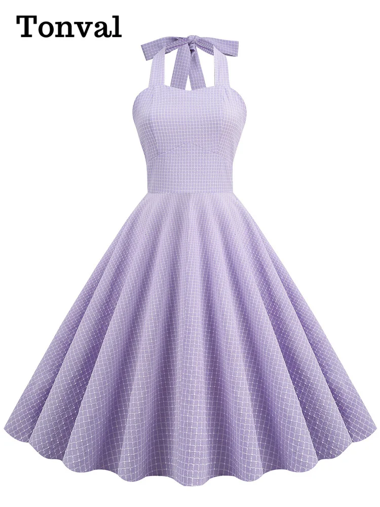 Tonval-Lavender Elegant Party Swing Dress for Women, Halter High Waist, 50s Vintage Style, Fit and Flare, Backless Retro Outfits