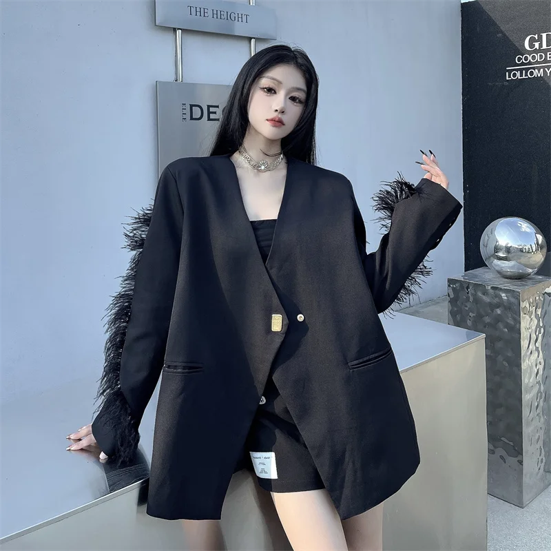 KUSAHIKI Harajuku Fashion Feathers Patchwork Long Sleeve Blazer Coat Causal Women Autumn Medium-long Suit Jackets 2023 New