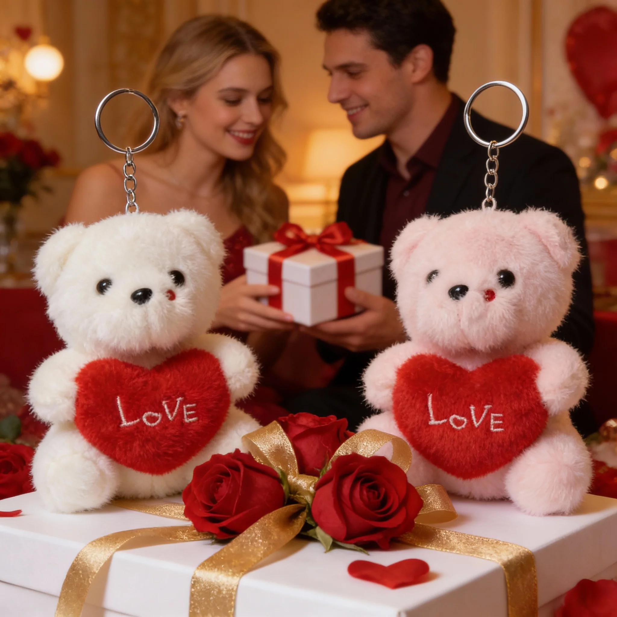 

Cute Heart Bear Dog Plush Toys Keychain Red Heart Print Love Creative Animal Stuffed Doll for Lovers Valentine's Day Gifts