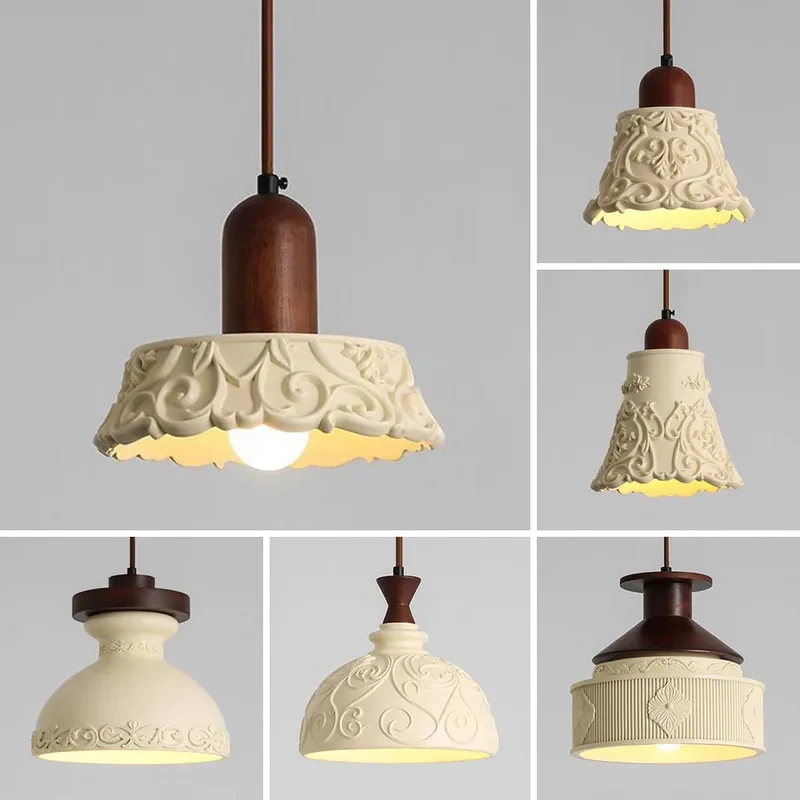 Embossed Ceramic Pendant Light Solid Wood Cap Hanging Lamp Retro Kitchen Island Dining Room Decor Lighting