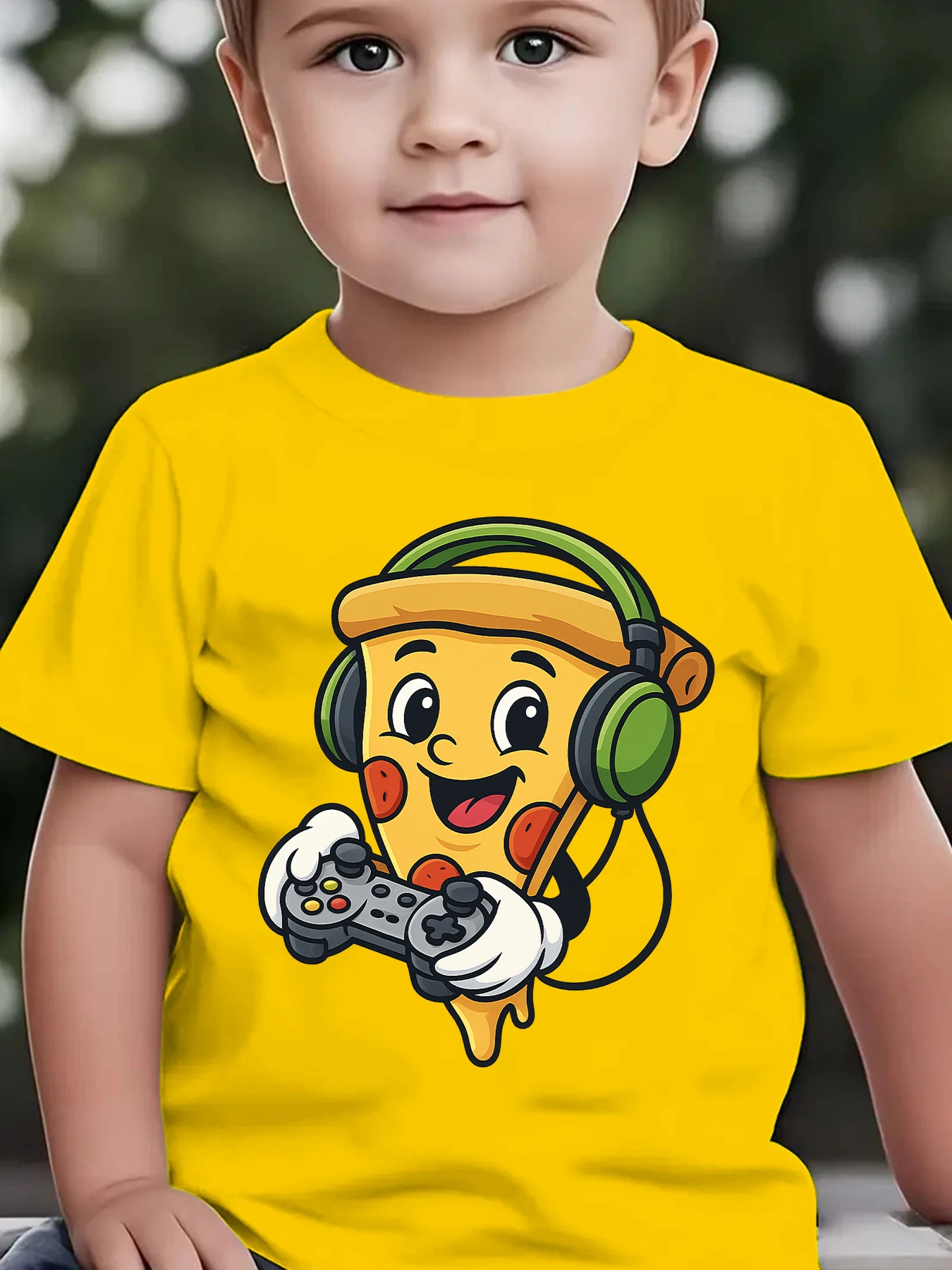 Game Pizza With Headphones Cartoon Print Boy Girls Family Matching Tee Soft Kid Parent Short Sleeve Daily Casual Comfort T Shirt