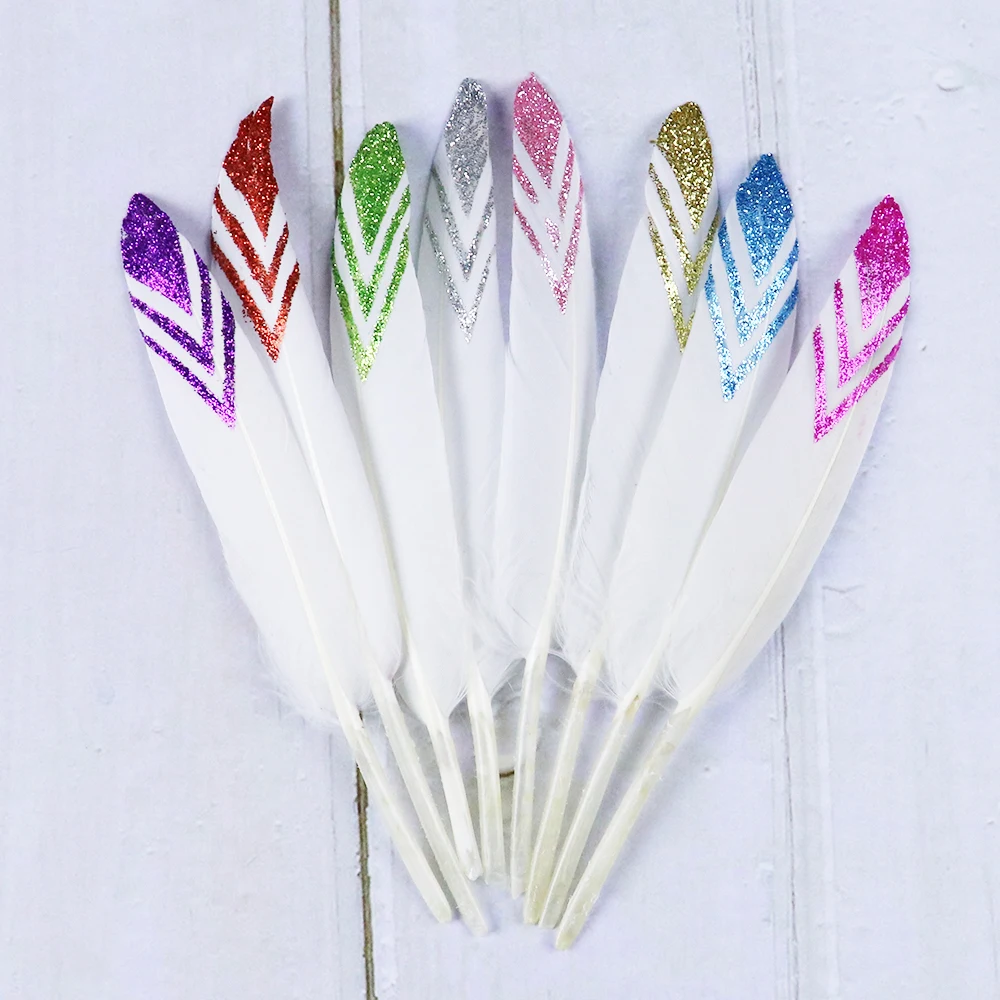 Golden V Shaped Goose Feathers Printing Natural Swan feather 10-15 CM For Costume Hat Jewelry Making Decoration 10Pcs/lot