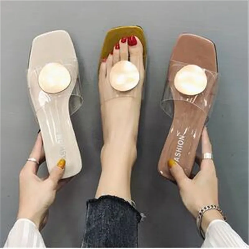 

Square Buckle High Heels New Summer Shoes Woman Metal Transparent Square Mid Heel Mules Shoes Female Open Slippers Women