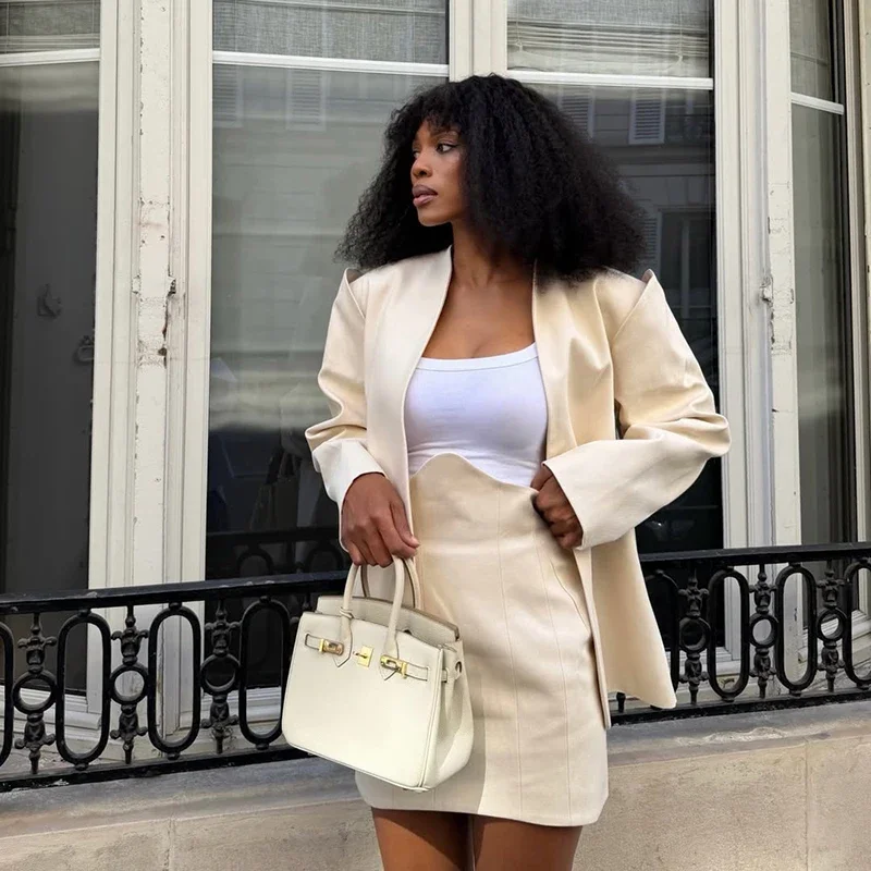 Women Unique Stand Up Collar Suit Pants Two-piece Set No Buttons Jacket High Waist Mini Skirt Office Matching Suit Streetwear