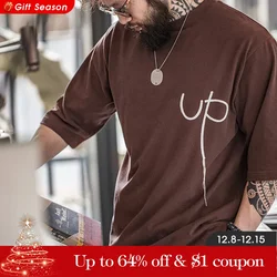 Maden Workwear American Casual Letter Embroidery Short Sleeve Hanging Design Loose Cotton Half Sleeve T-shirt Men's Summer