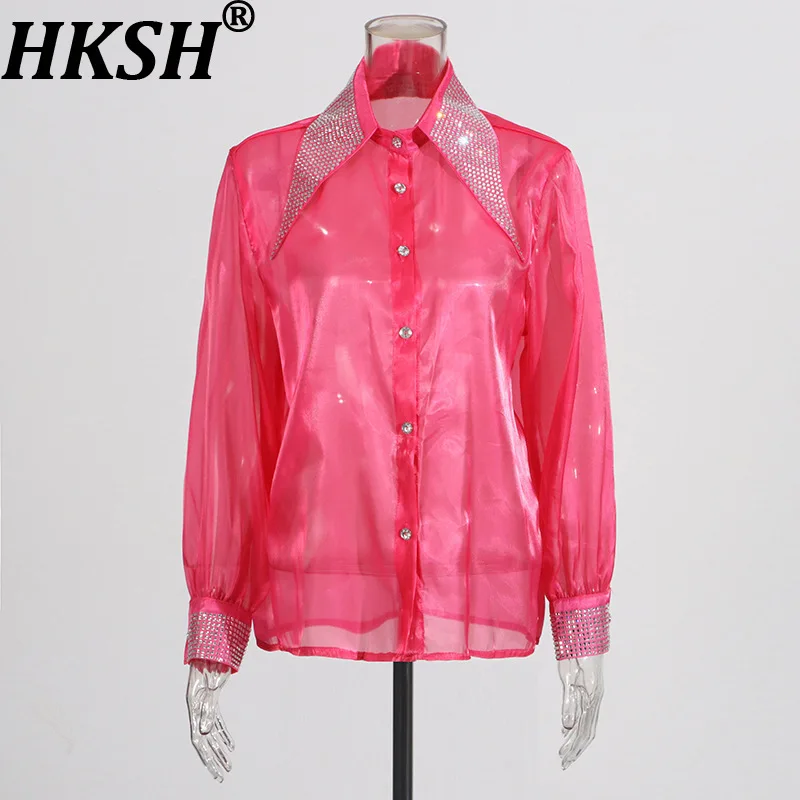 

HKSH весна осень новая женская рубашка прозрачная сетка с шипами и бриллиантами с отложным воротником однобортная шикарная блузка с длинными рукавами HK13643