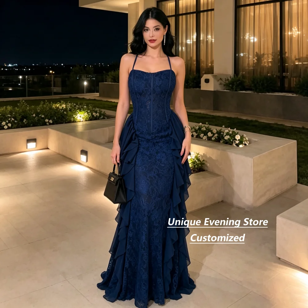 Customized Navy Blue Mermaid Spaghetti Strap Corset Lace Ruffled Chiffon Train Mother Of The Bride Gown Wedding Guest Banquet
