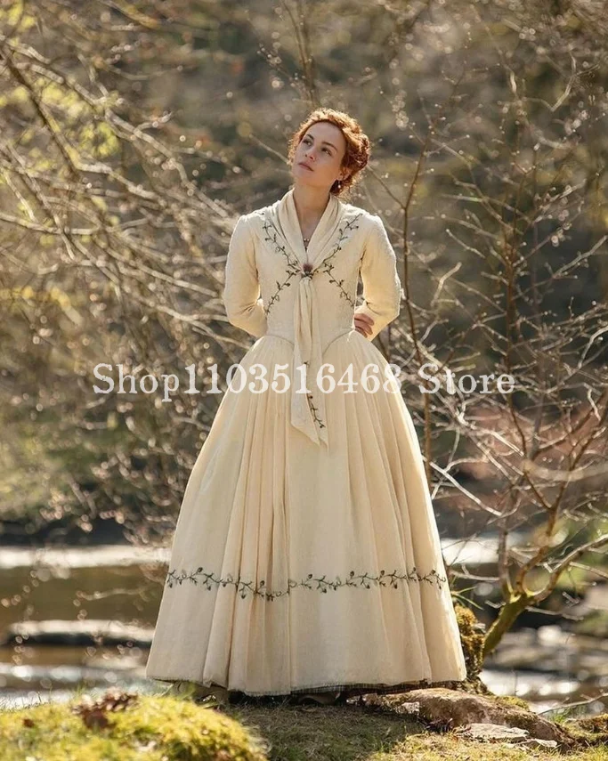 Historical Victorian Prom Evening Dress Legends of the Ancient Battlefield Khaki Corset Long Sleeve Medieval Embroidered Evening