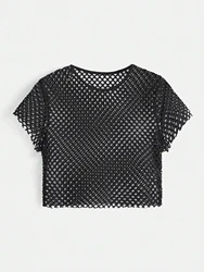 Women's Solid Color New Summer Fishnet T-shirt Short Cropped Crew Neck Sexy Tops