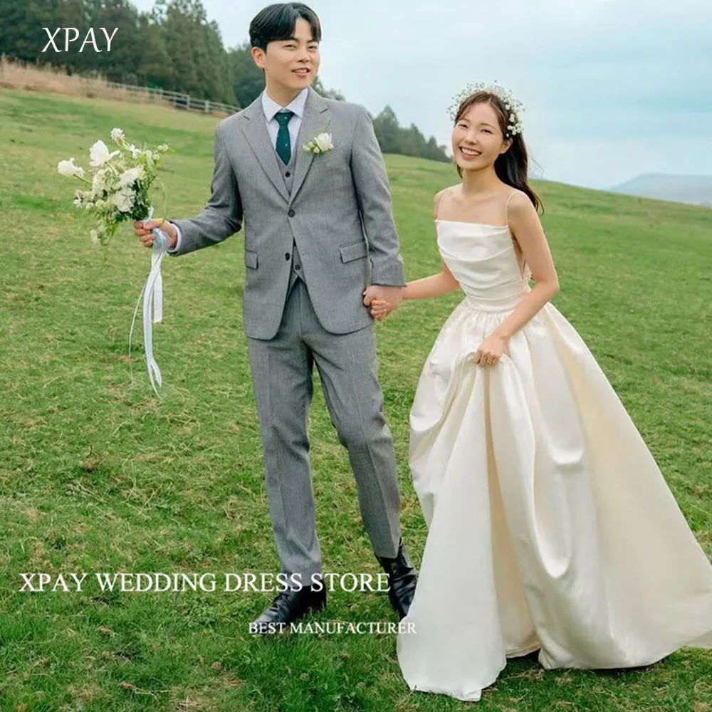

XPAY Simple Spaghetti Strap A Line Waist Pleat Wedding Party Dresses Korea Photoshoot Floor-Length Bride Gowns Formal Customize