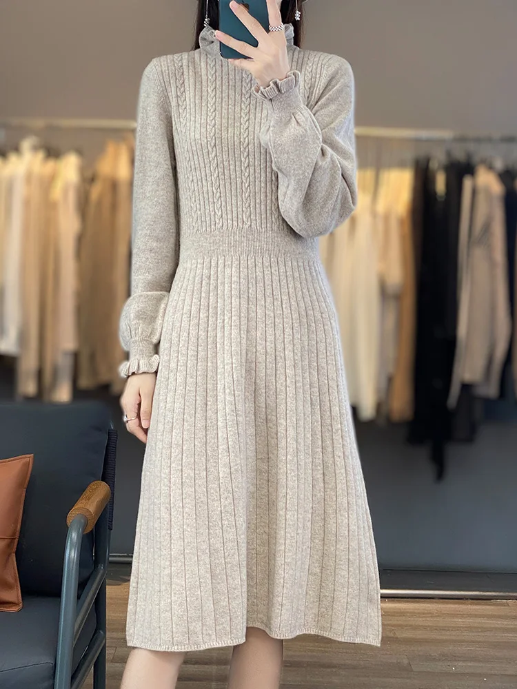 100% ميرينو الصوف المرأة البلوز فستان مع الفطريات طوق الخريف الشتاء موضة عادية محبوك الكشمير تنورة طويلة