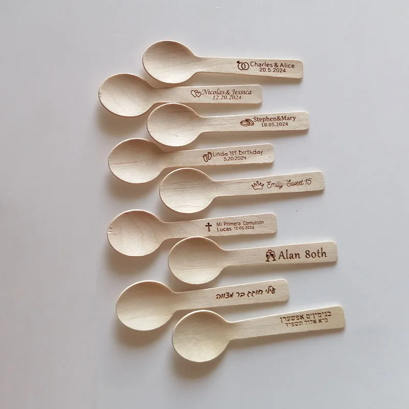 

50/100 Personalized Mini Wooden Disposable Ice Cream Flat spatula round spoon Wedding Birthday Party Dessert Scoop Tasting Tools