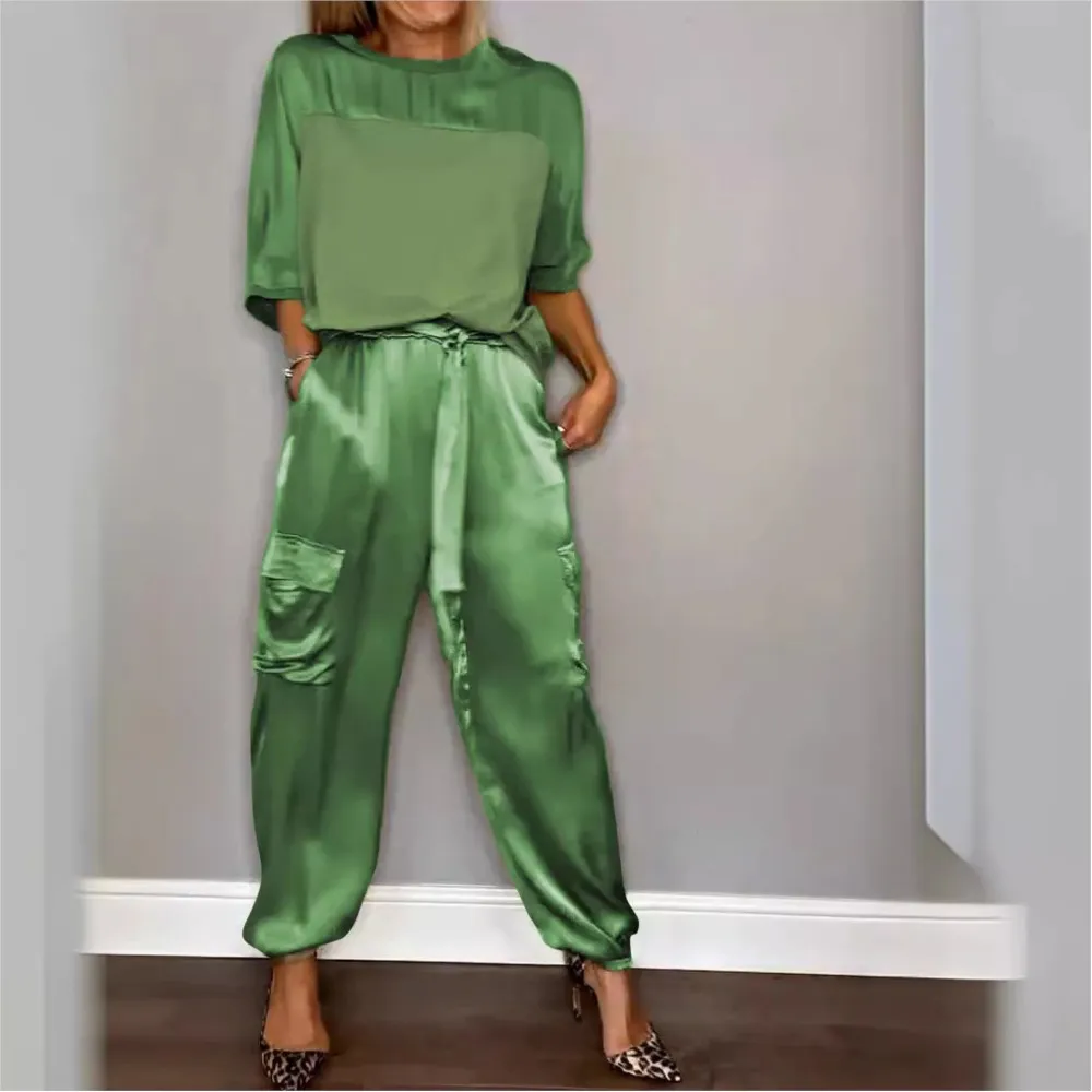 

Fashion And Elegant Round Neck Patchwork Shirt And Pants Two-piece Set 2025 Women's Tops Casual Pants Outfits Conjunto Femme