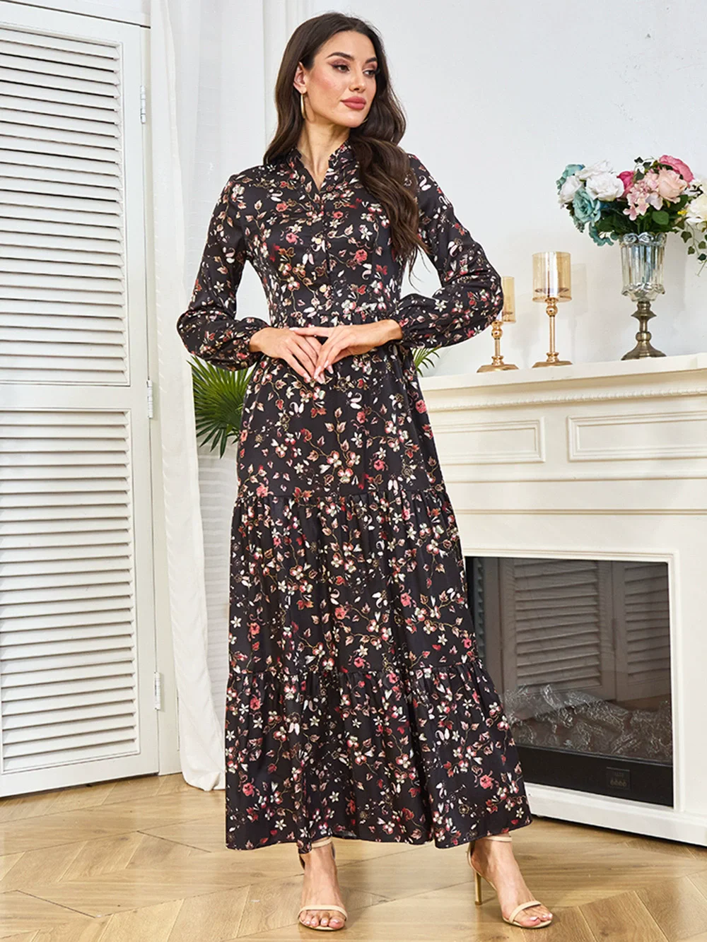 Middle East Saudi Arabia Women's Wear Muslim Luxury Fashion Women's Wear Dubai Printed Robe Waist slimming Dress Robe