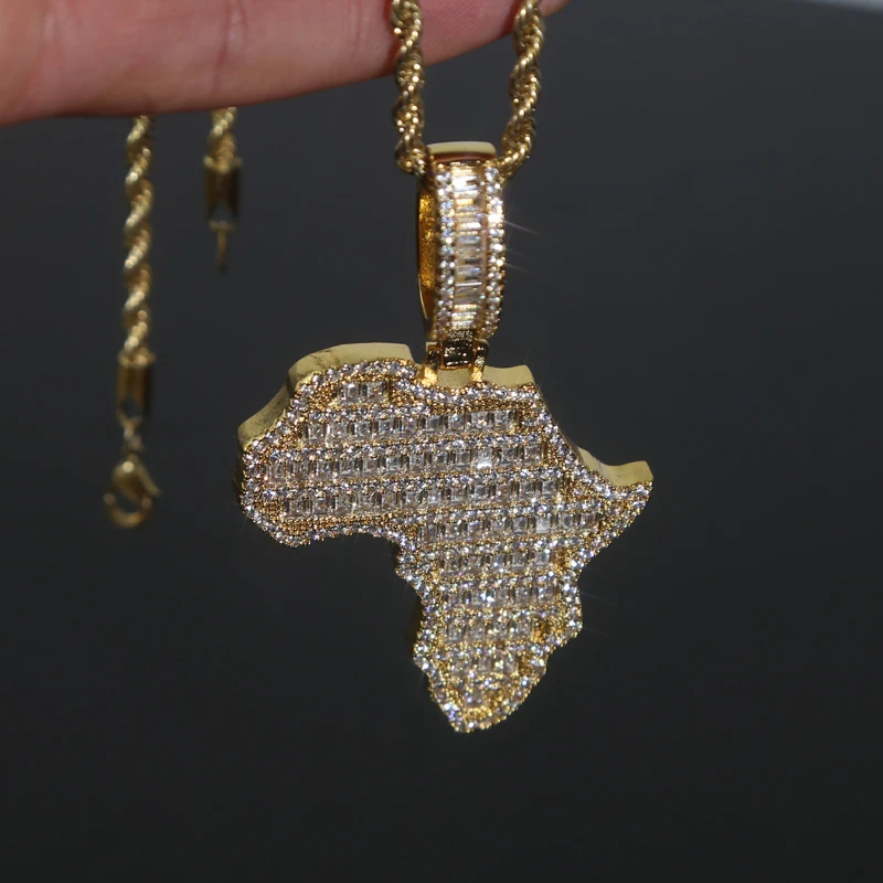 New Arrive Rectangle Cubic Zirconia CZ Paved Bling Africa Map Shaped Pendant Necklace Hip Hop Men Boy Cool Meaning Jewelry
