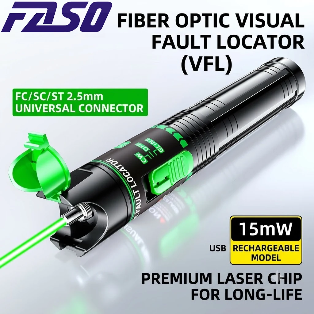 15MW Rechargeable Fiber Optic Green Light Pen 30MW Fiber Optic Tester Strong Light Passage Pen Test Green Visual Fault Locator