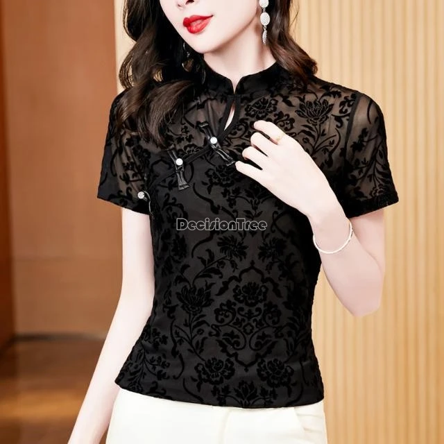 

2024 chinese black mesh short sleeve cheongsam t-shirt women summer new vintage disc button elegant casual daily qipao top w912