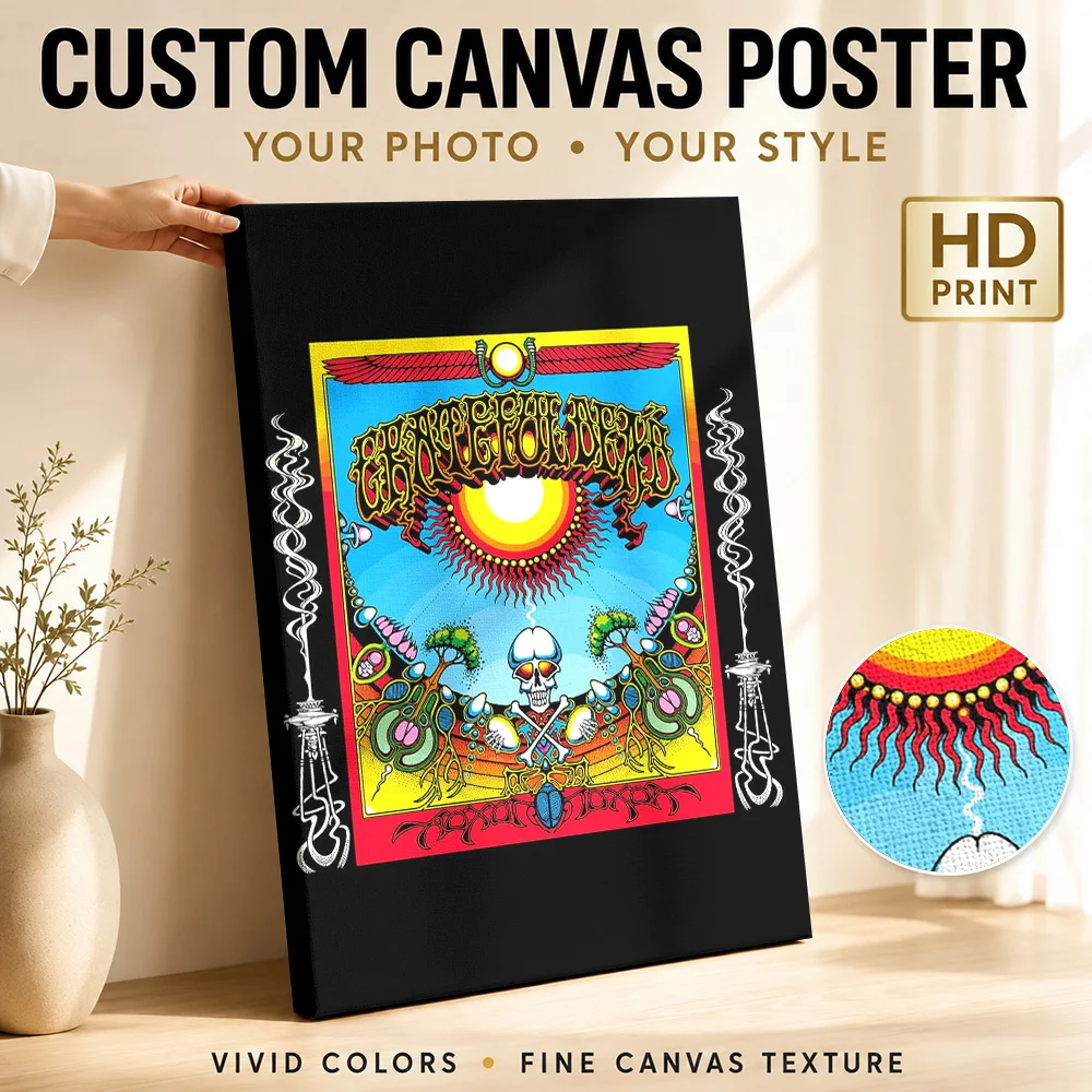 Grateful Dead Skeletons Canvas Poster Personalized Photo Psychedelic Wall Art For Home Recording Studio, Record Collector Gift