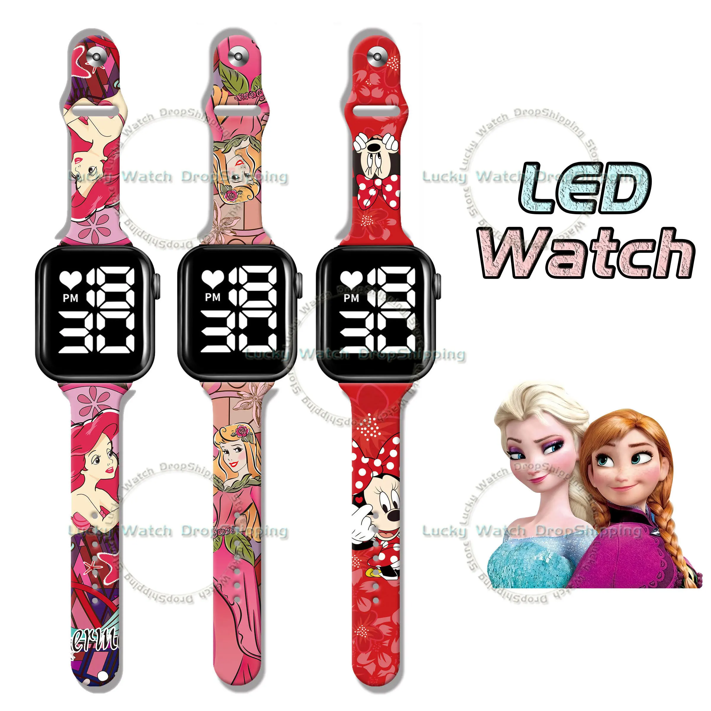 Disney Princess-relojes digitales de Frozen, Elsa, Alice, figura de acción de dibujos animados, impresión linda, tipo LED, reloj para niños, regalos